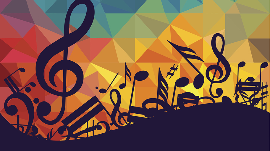 Black musical notes with multi colored background