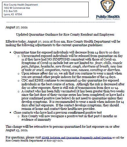 Rice County Health Dept Quarantine Guidance