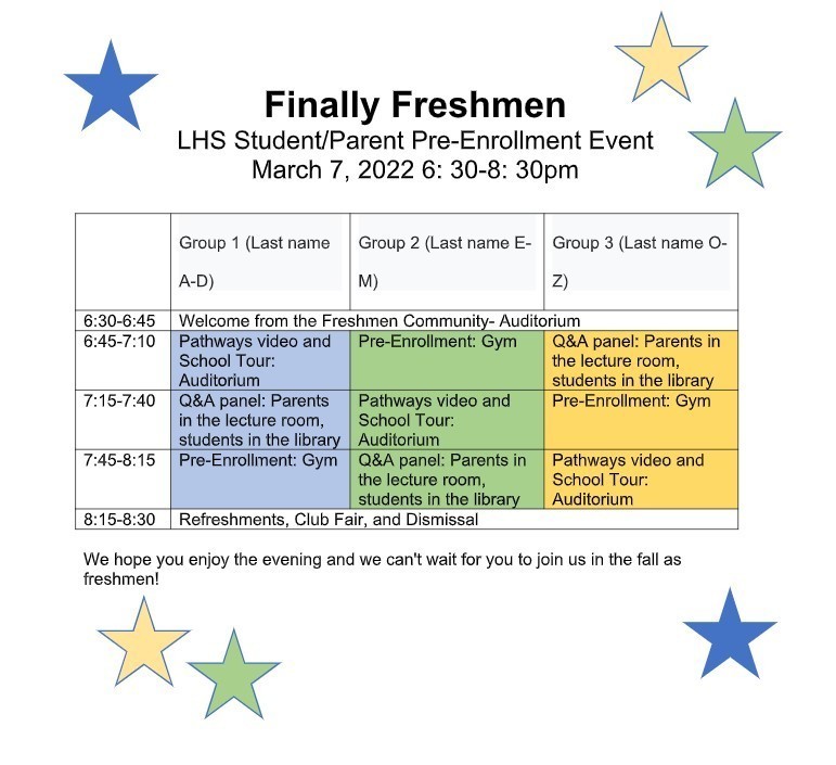 Finally Freshmen LHS Student/Parent Pre-Enrollment Event March 7, 2022 6: 30-8: 30pm 6:30-6:45 Welcome from the Freshmen Community- Auditorium Group 1 (Last nameA-D) 6:45-7:10 Pathways video and School Tour: Auditorium 7:15-7:40 Q&A panel: Parents in the lecture room, students in the library 7:45-8:15 Pre-Enrollment: Gym Group 2 (Last name E-M) 6:45-7:10 Pre-Enrolment: Gym 7:15-7:40 Pathways video and School Tour:Auditorium 7:45-8:15 Q&A panel: Parents in the lecture room, students in the library Group 3 (Last name O-Z) 6:45-7:10 Q&A panel: Parents in the lecture room, students in the library 7:15-7:40 Pre-Enrollment: Gym 7:45-8:15 Pathways video and School Tour: Auditorium All Groups 8:15-8:30 Refreshments, Club Fair, and Dismissal We hope you enjoy the evening and we can't wait for you to join us in the fall as freshmen!