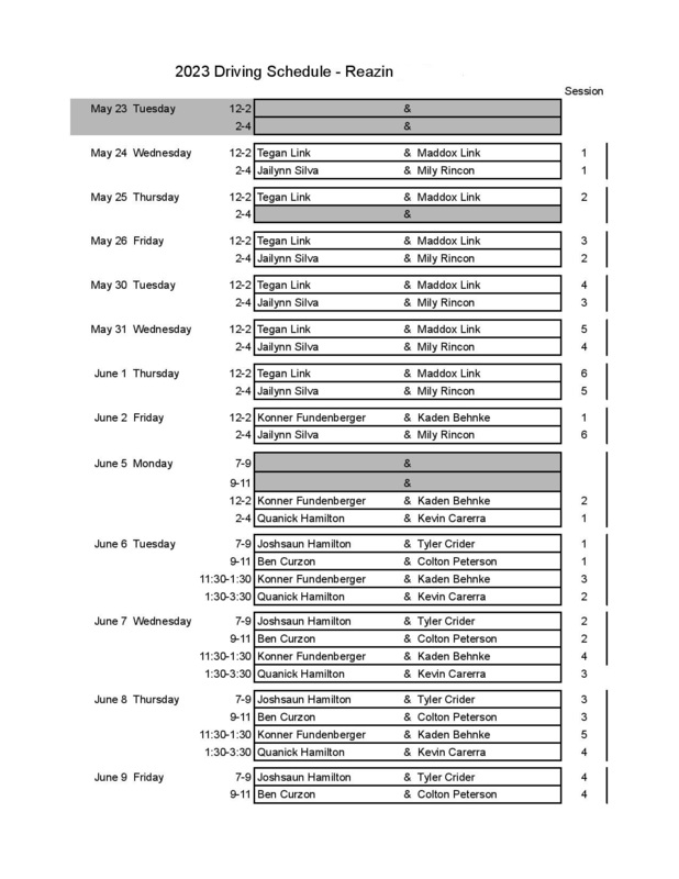 Mr. Reazin's Driving Schedule Pg.1 PDF link above
